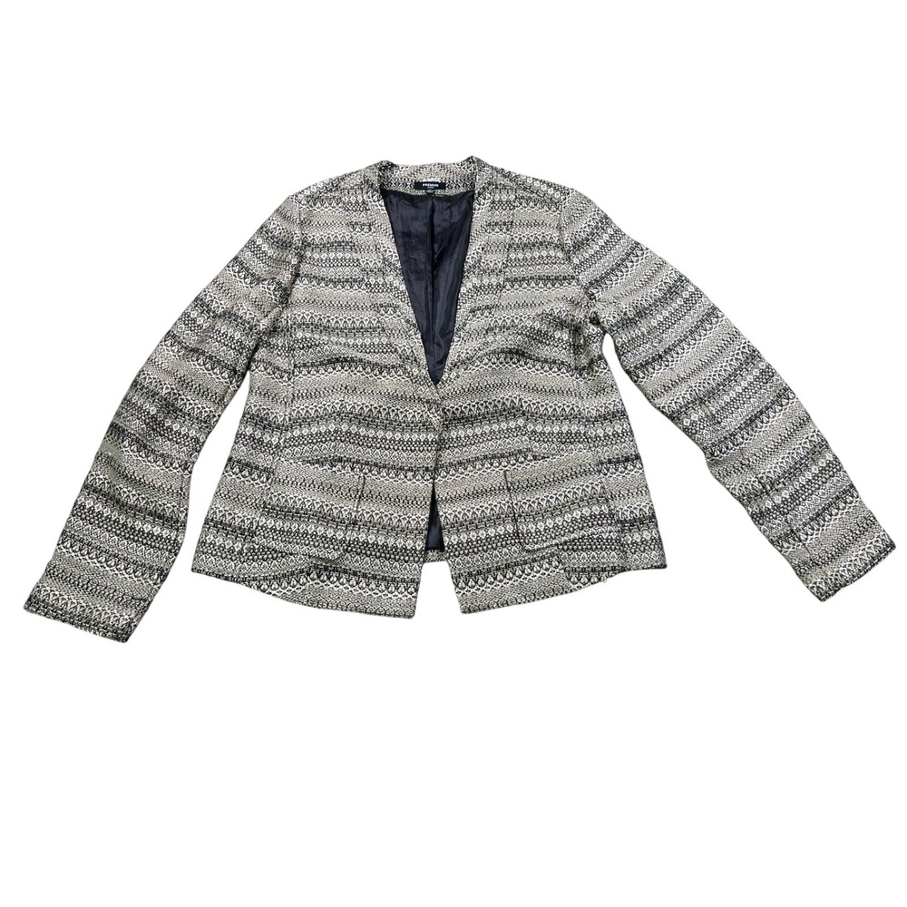 Premise‎ Petite Open Front Textured Tweed Blazer Jacket Black Cream Size 14P